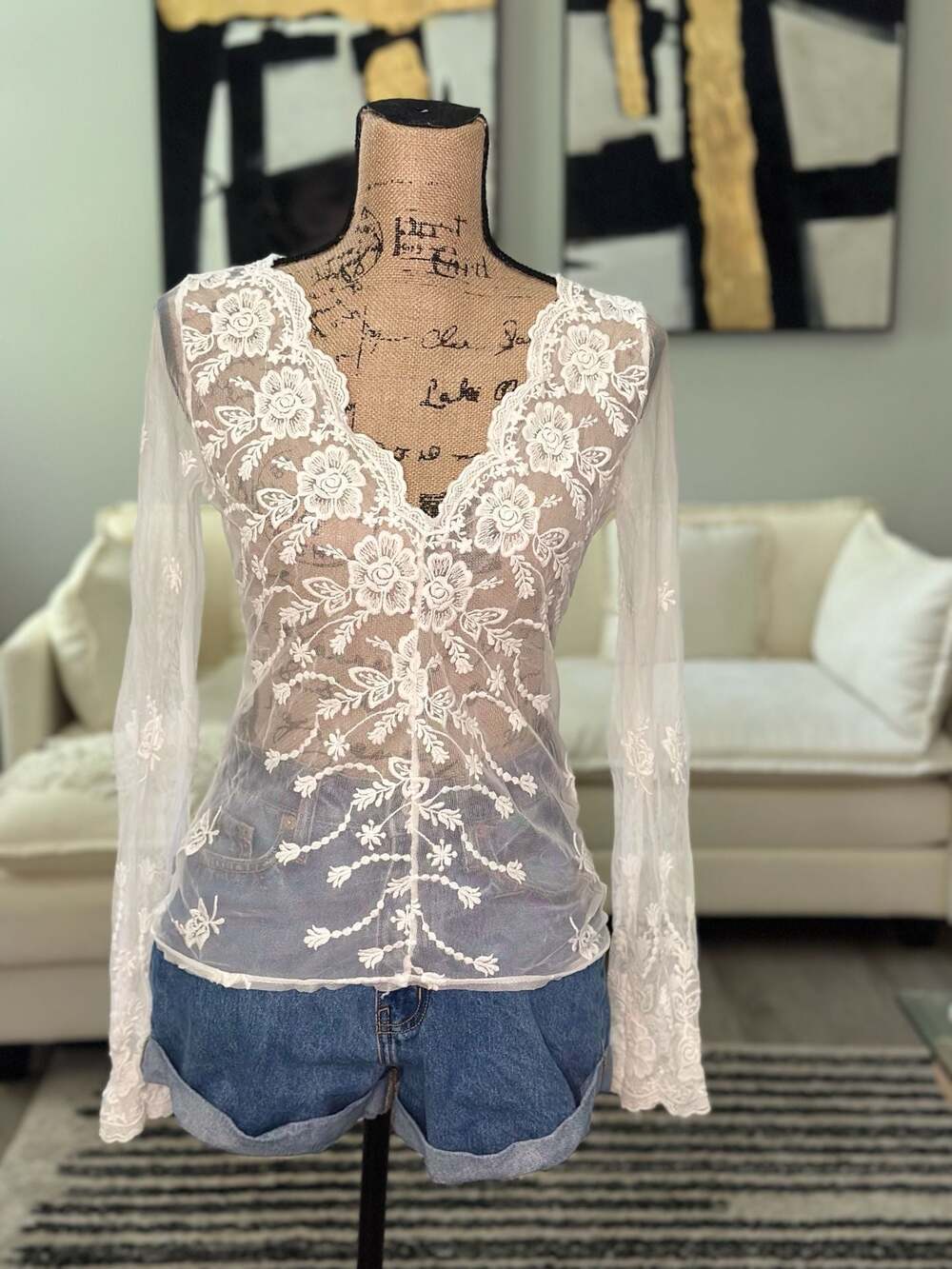 White Sheer Floral Lace Long Sleeve V-Neck Top